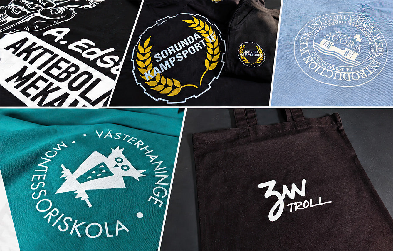 A collage of several apparel and bag products shown in a 2x3 grid: black graphic T-shirts with white and gold logos, a light blue T-shirt with a white circular logo, a teal T-shirt with a white school logo, and a dark brown tote bag with a white logo.